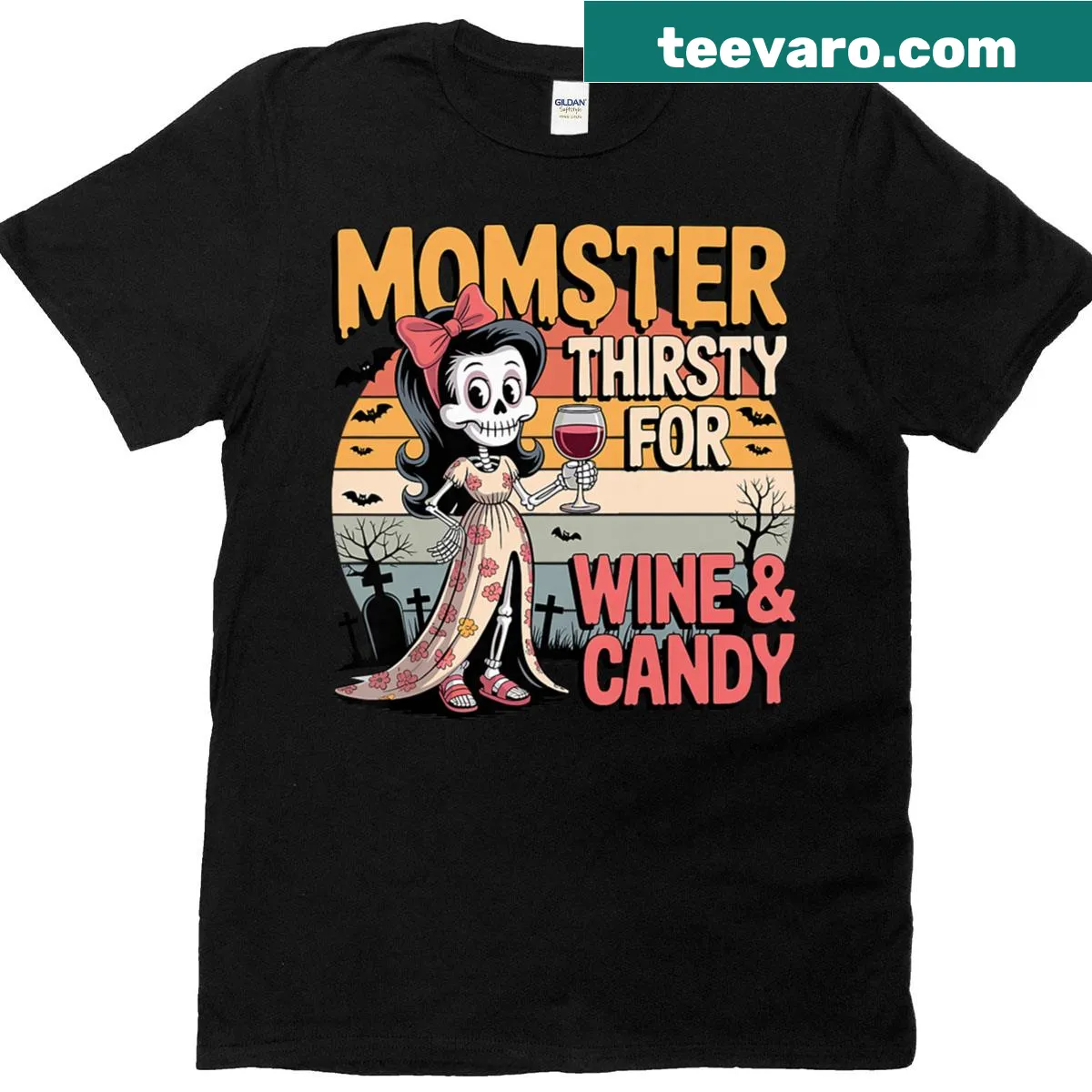 Skeleton graphic with wine glasses, text reading Momster for Halloween — on a men's t-shirt