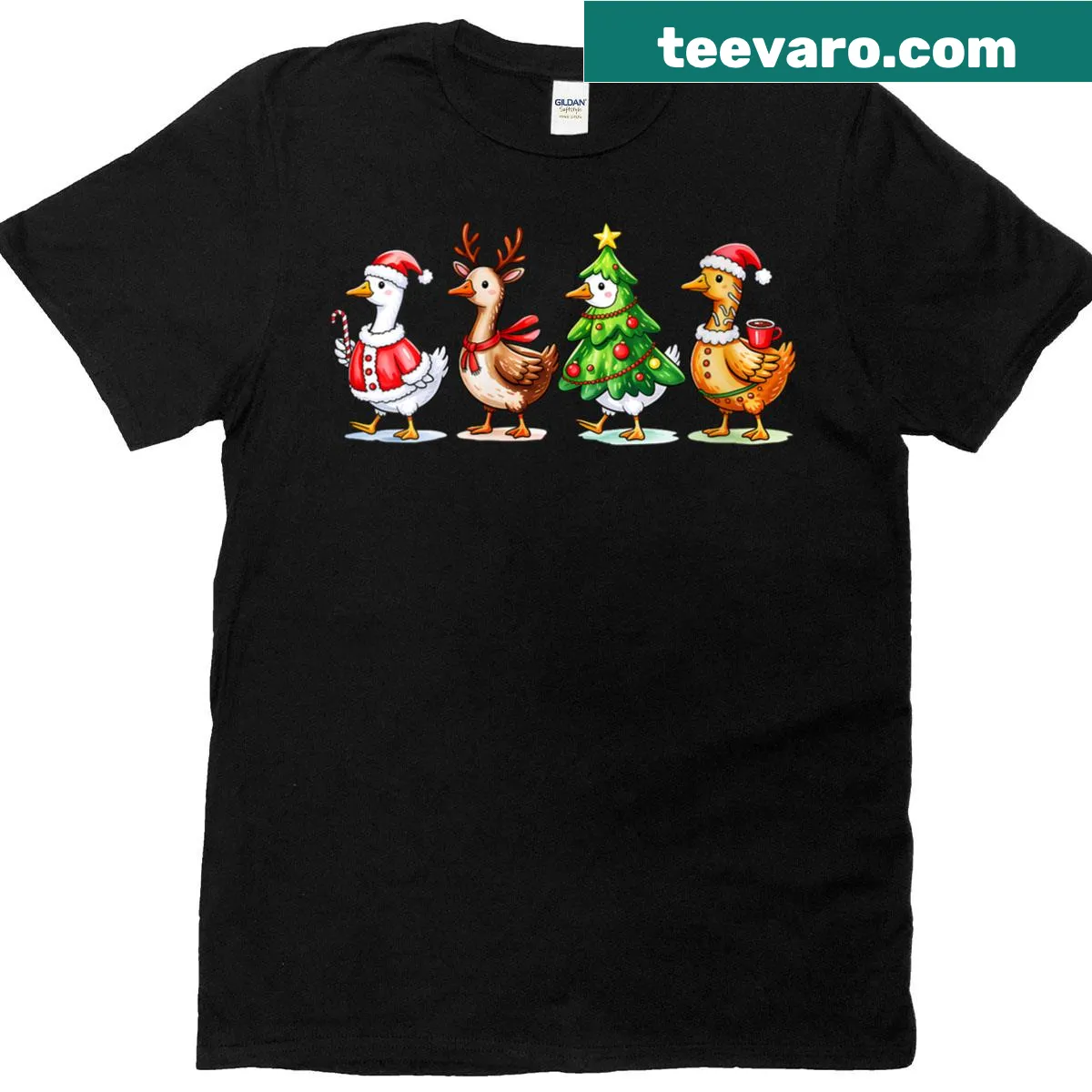 Cute Christmas t-shirt with reindeer and 'Goose Squad' text design. — on a men's t-shirt