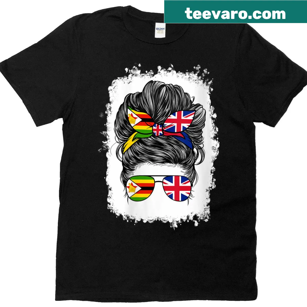 T-shirt featuring half British and Zimbabwean flags for women. — on a men's t-shirt