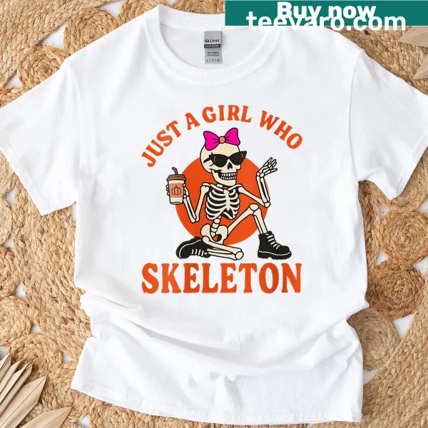 Playful Halloween-themed skeleton graphic T-shirt for women
