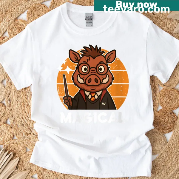 Playful cartoon warthog wizard t-shirt with a magic wand design