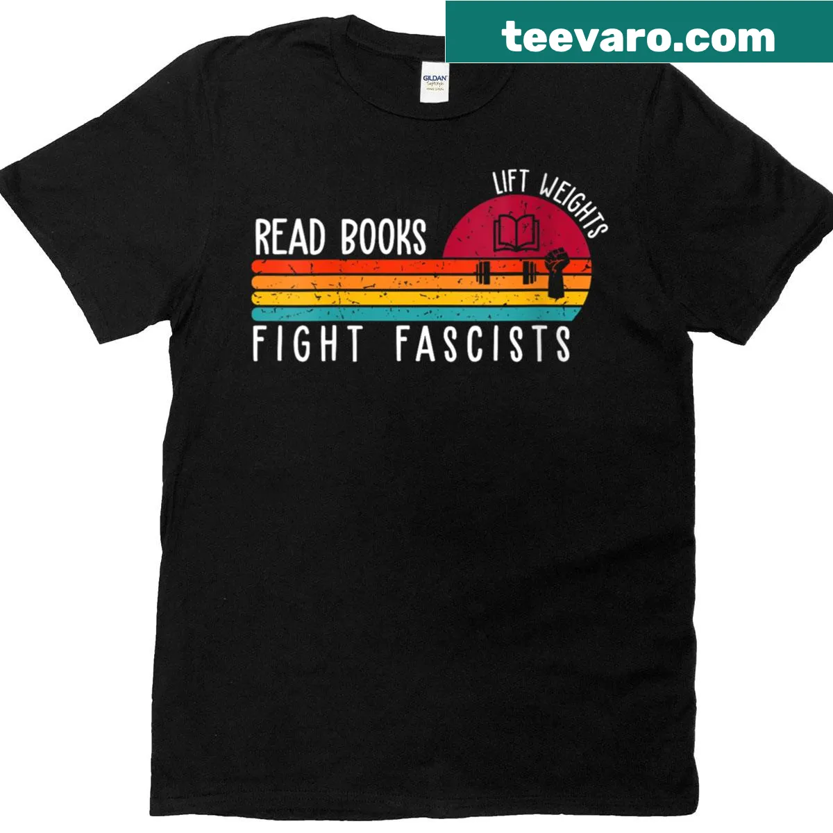 Retro T-shirt for women promoting reading, fitness, and activism — on a men's t-shirt