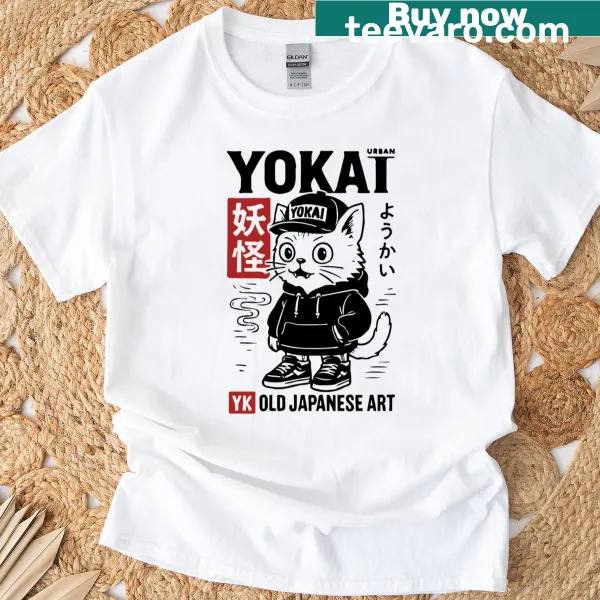Illustrative t-shirt featuring a Yokai-inspired urban cat design