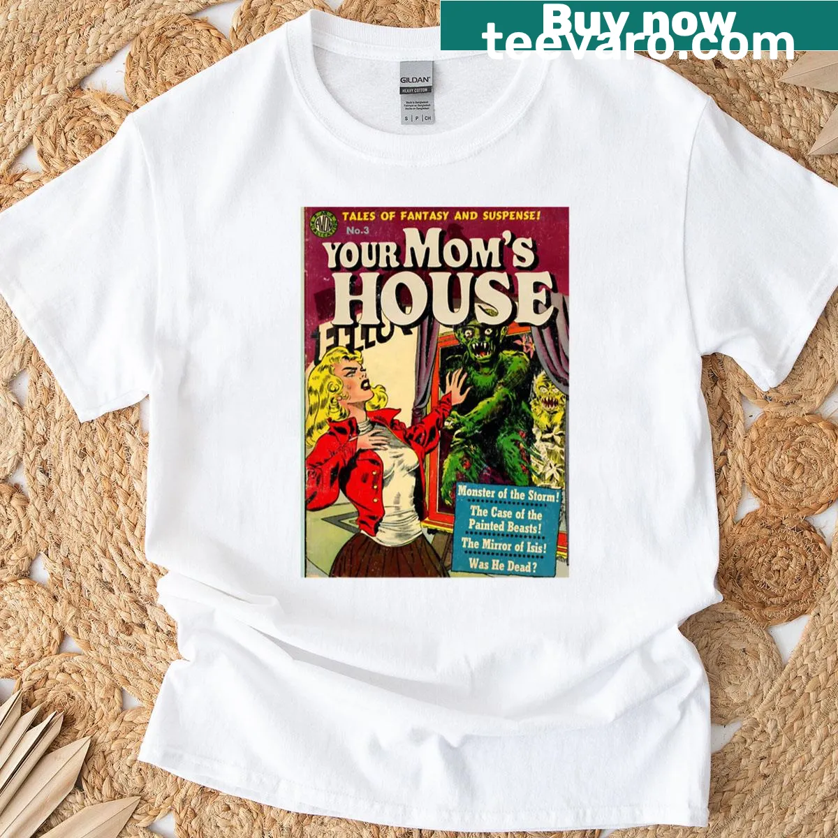 Vintage-style comic parody tee with 'Your Moms House' text — on a men's t-shirt