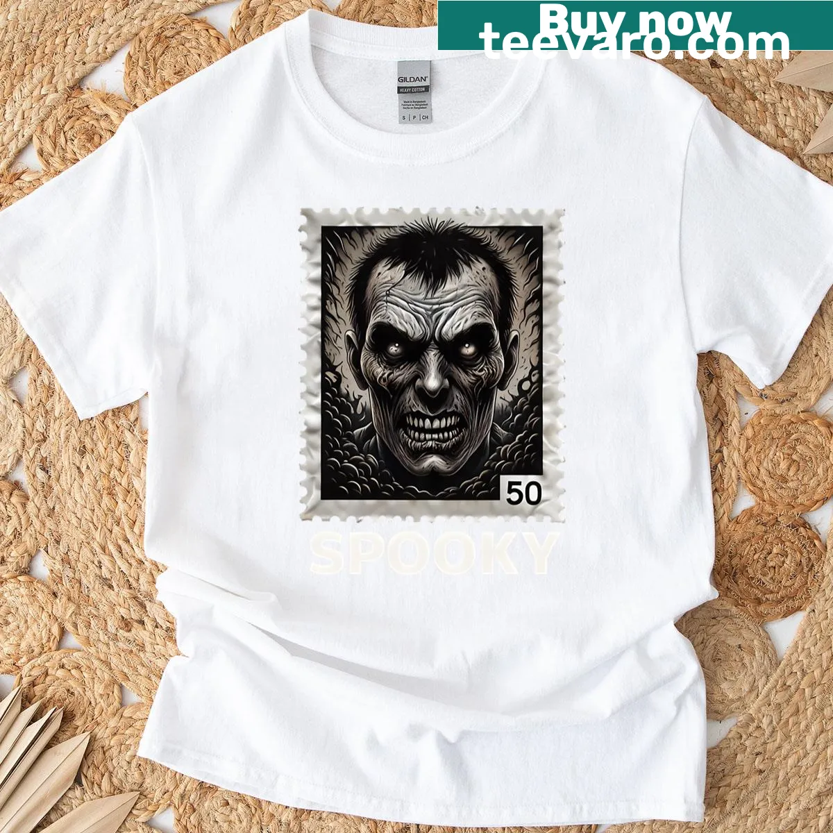 Vintage distressed T-shirt featuring a zombie design inspired by postage stamps. — on a men's t-shirt