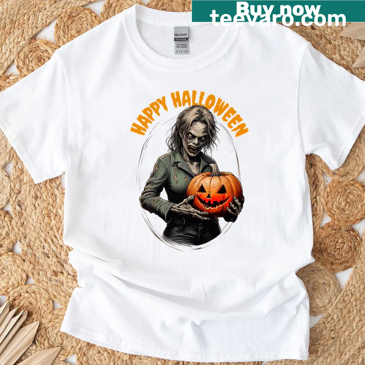 Oversized Halloween T-shirt featuring a zombie woman graphic — on a men's t-shirt