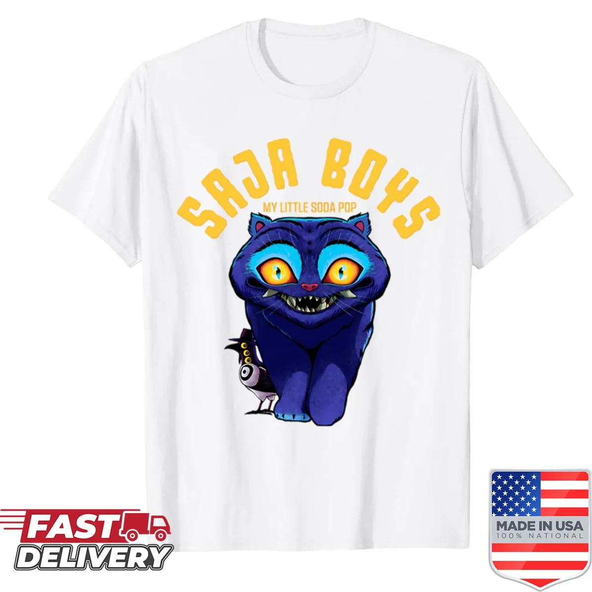 Animated Kpop logo with musical elements on a fan shirt.