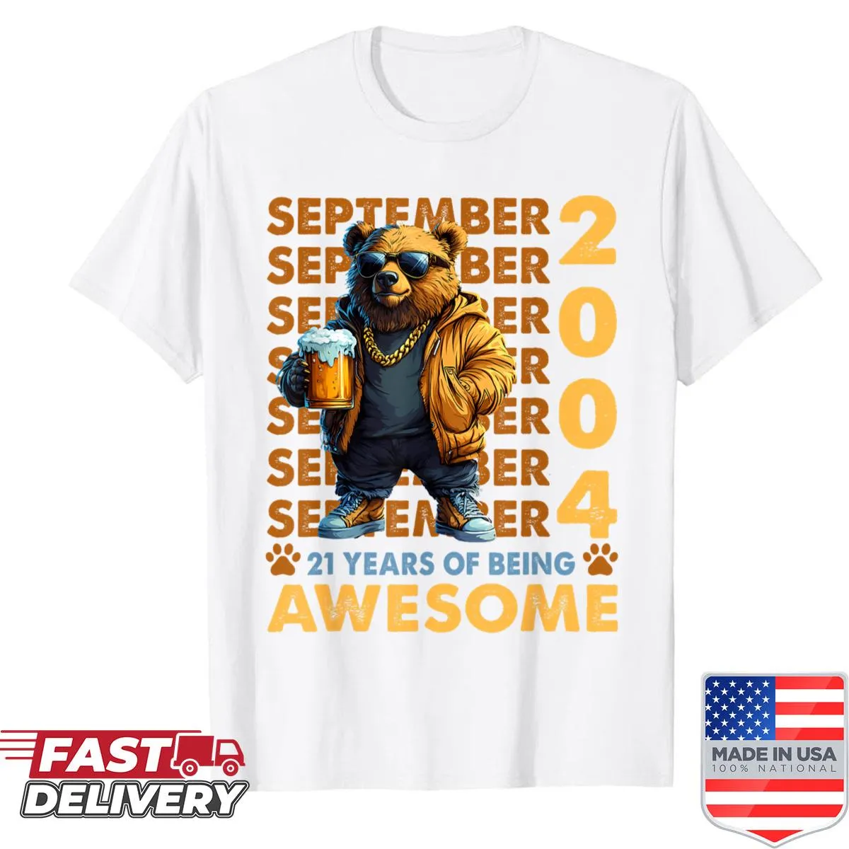 Illustrated bear celebrating 21st birthday on shirt