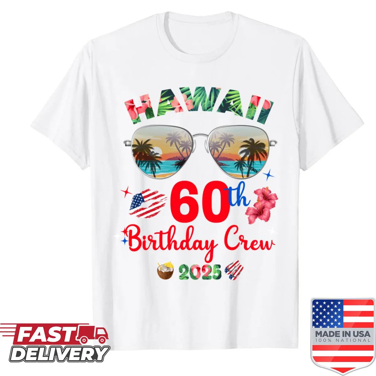 T-shirt celebrating a 60th birthday with a Hawaiian theme
