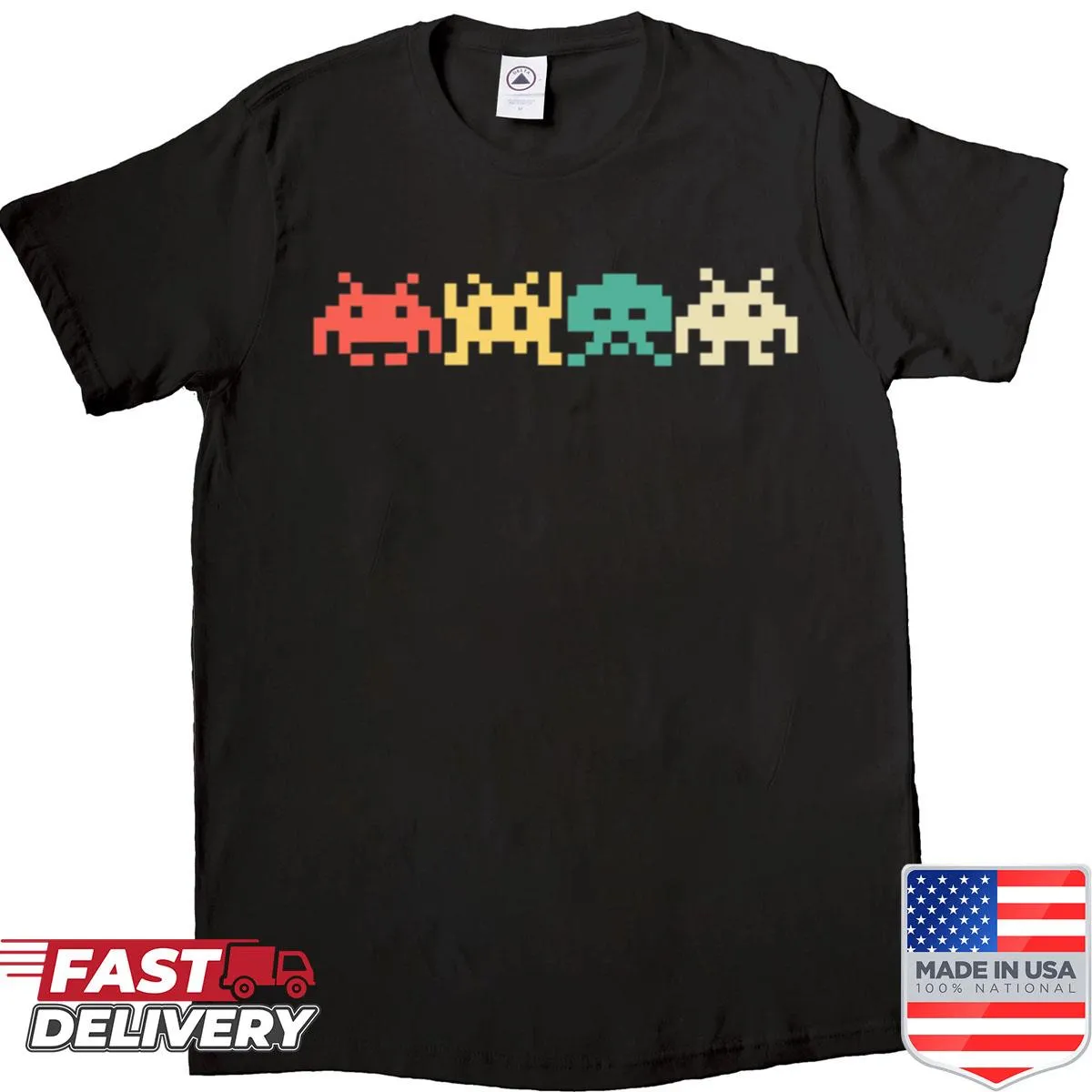 Vintage arcade graphic on an 80s video game shirt