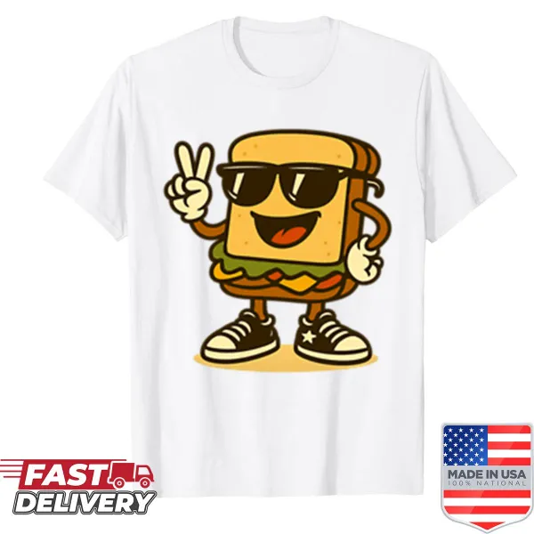 Oversized shirt with cartoon sandwich wearing sunglasses and sneakers