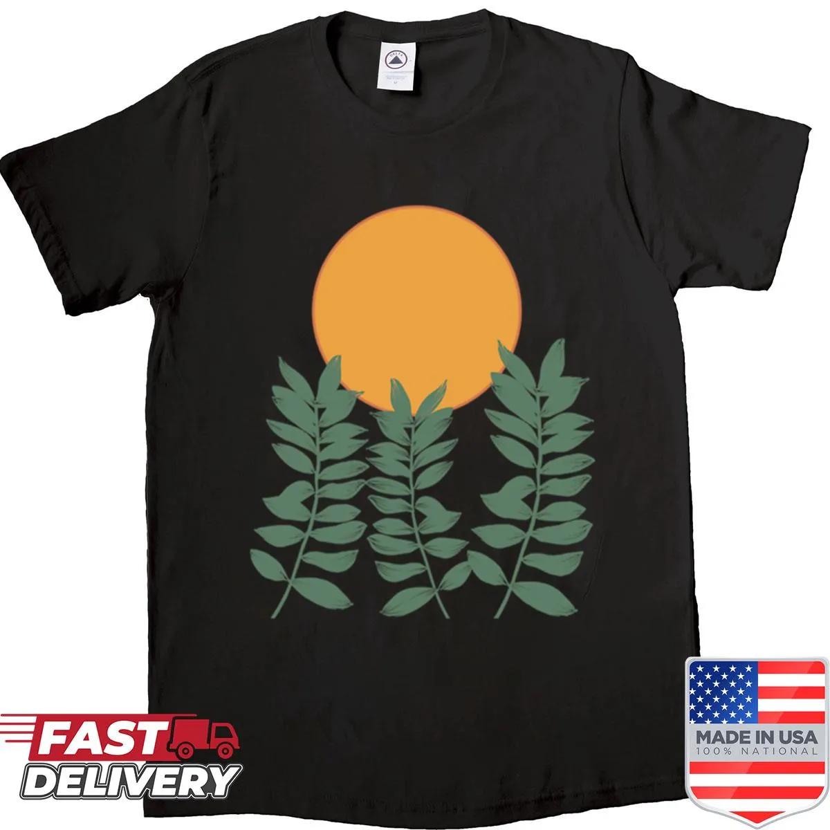 Oversized shirt with minimalist design featuring green leaves and the sun