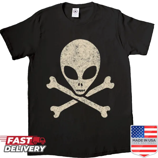 Alien skull and crossbones graphic on t-shirt