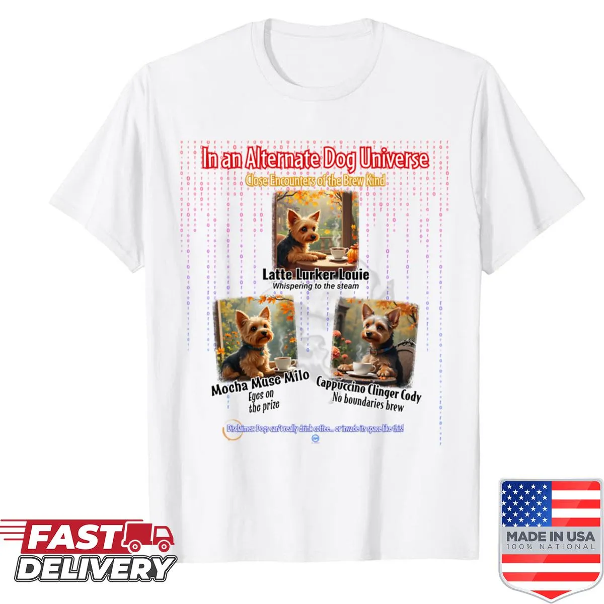 Cartoon dog-themed tee shirt featuring dogs enjoying coffee