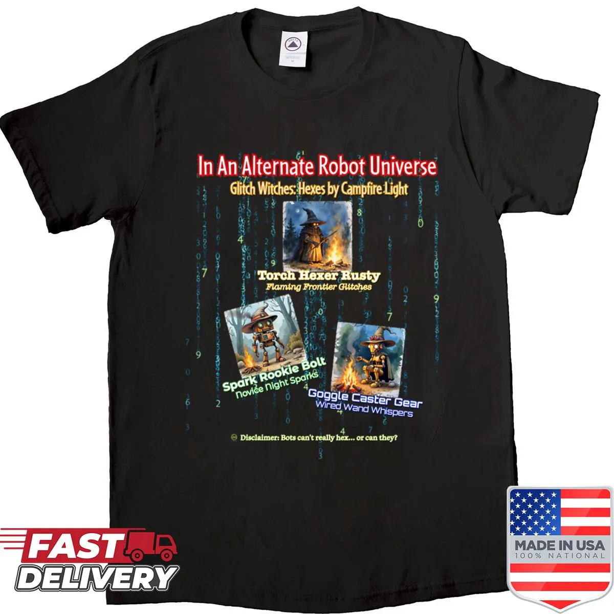 Glitch witches t-shirt featuring robot and fantasy elements