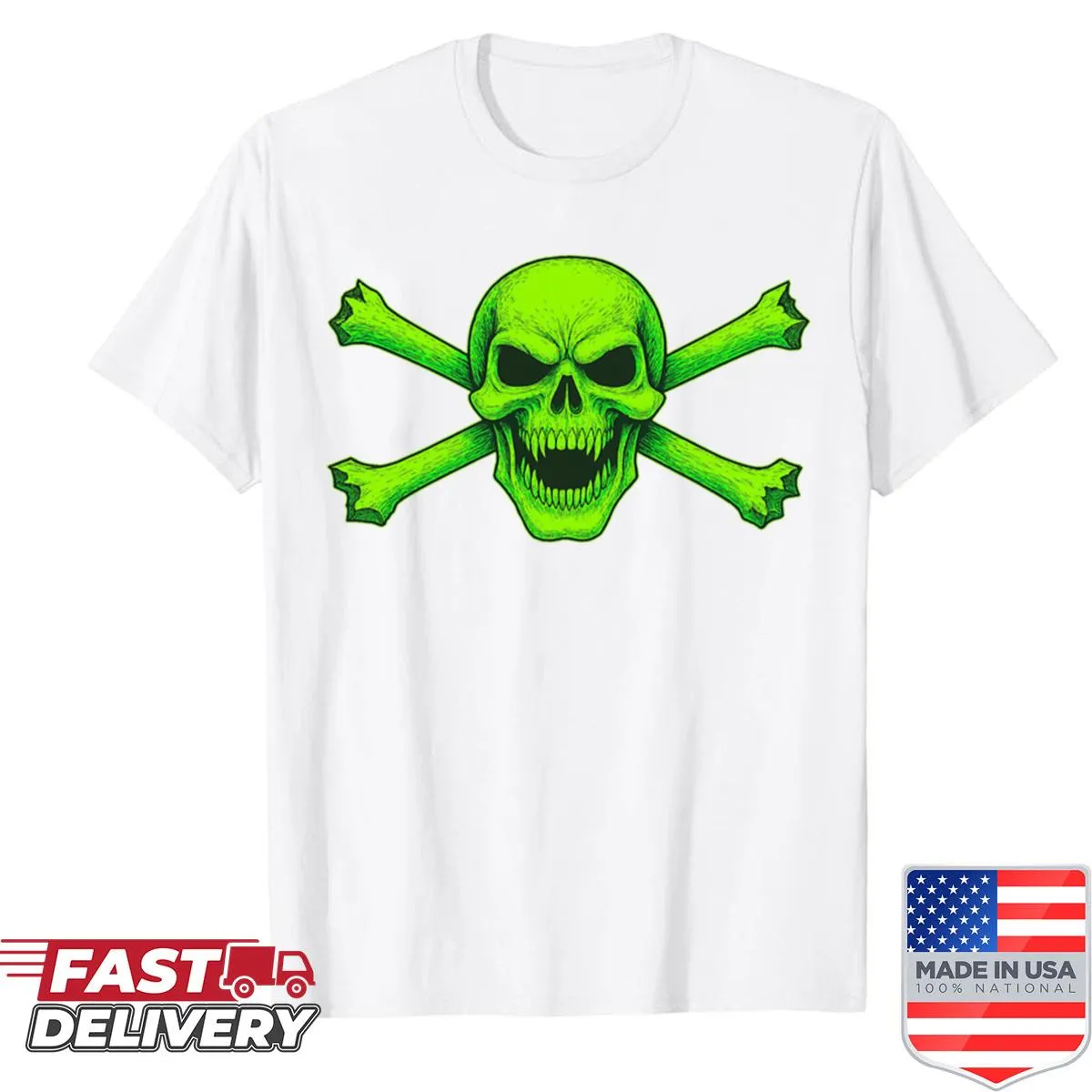 Halloween shirt with angry green skull and crossbones graphic