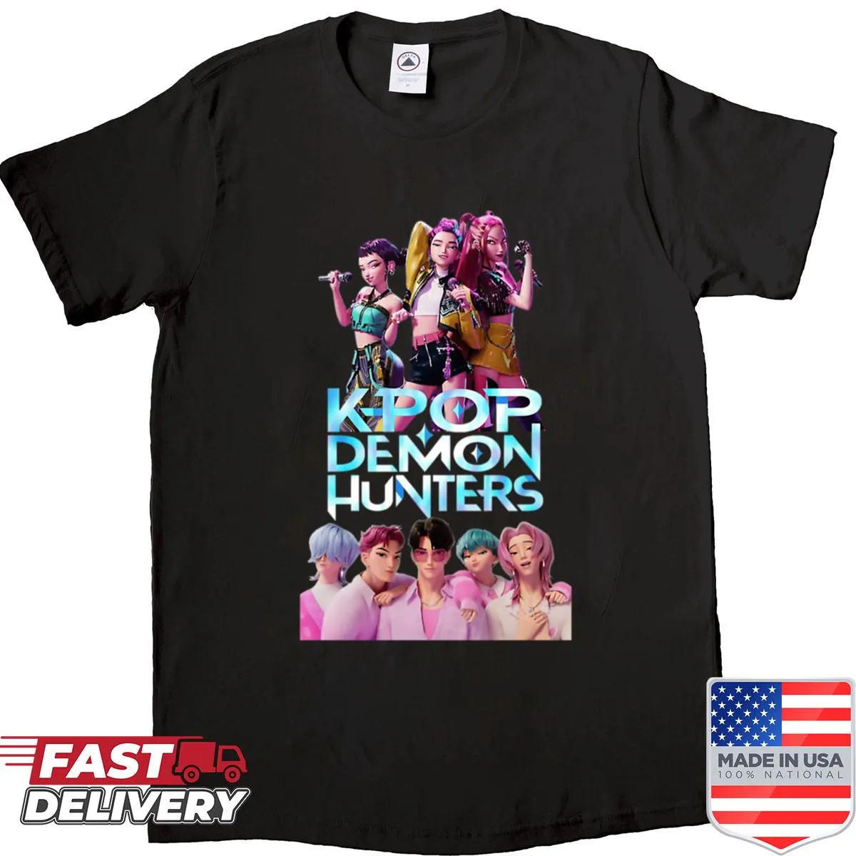Kpop films logo with demon hunters theme on shirt