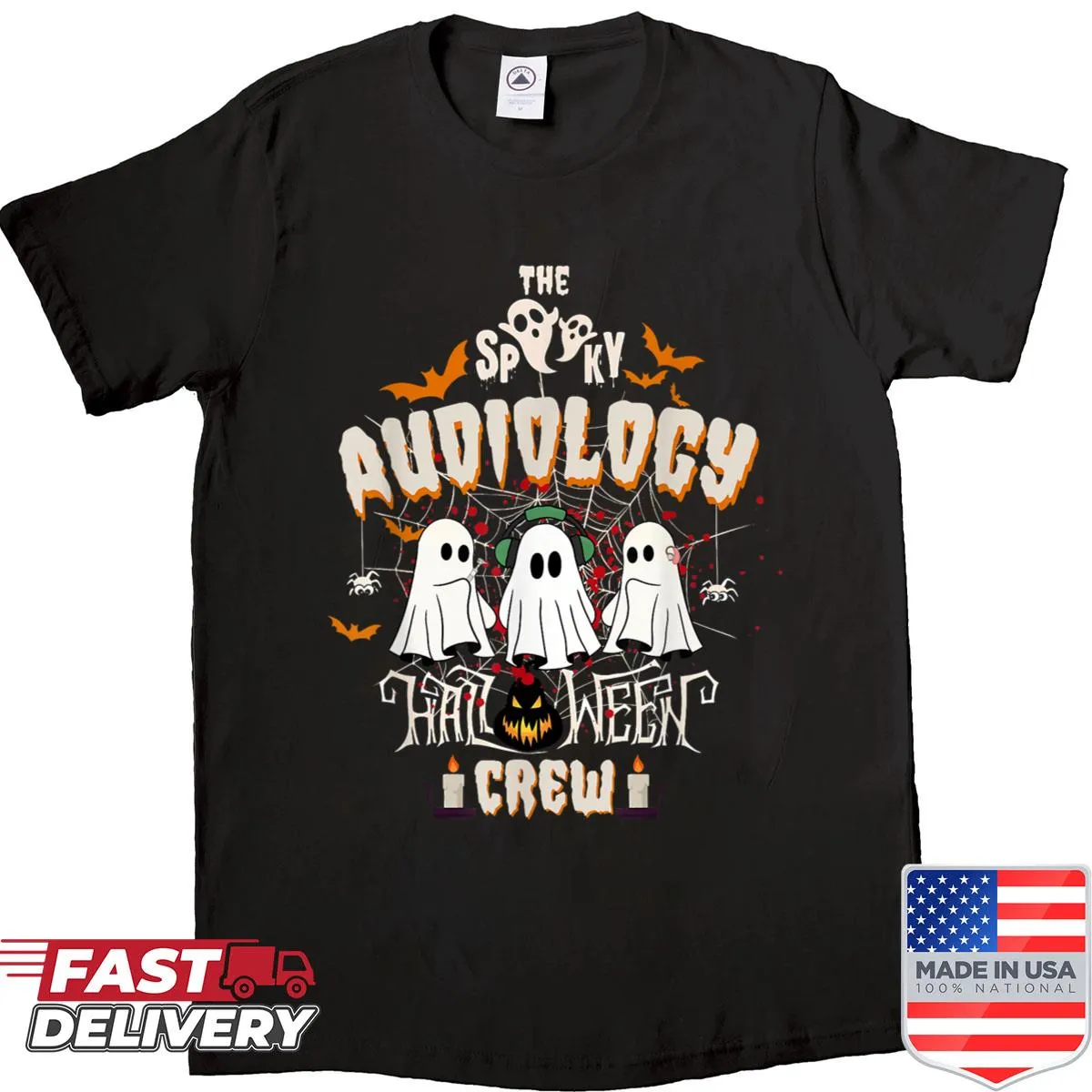 Audiologist-themed shirt with ghosts for Halloween