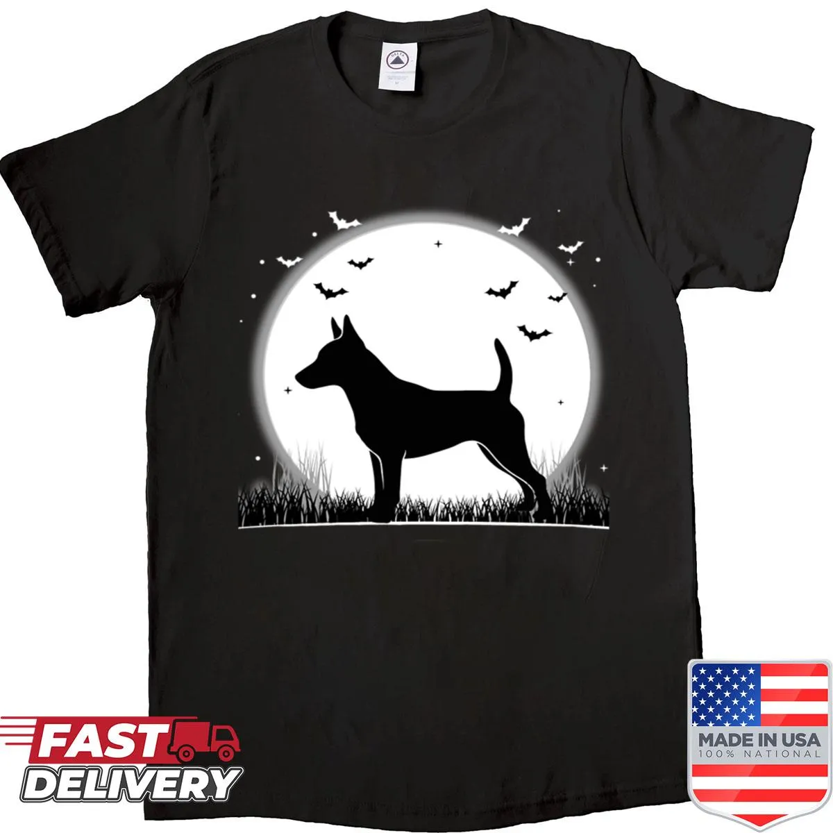 Silhouette of Australian Terrier against a moon on Halloween shirt
