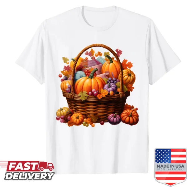 Illustrated shirt featuring a basket of autumn pumpkins