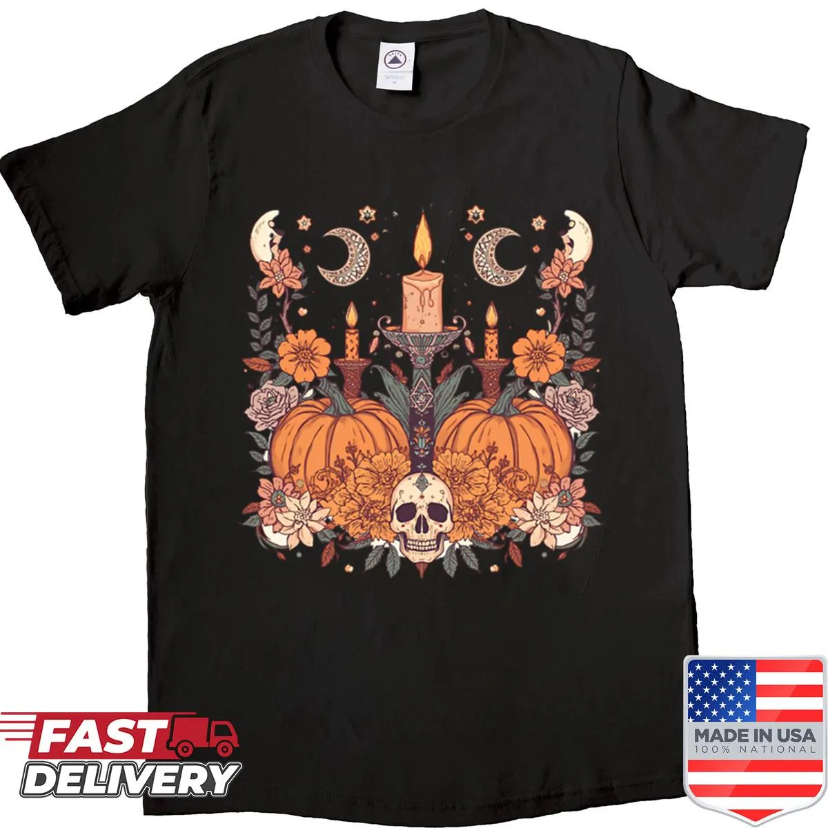 Autumn themed shirt with pumpkins, candles, and moon illustration