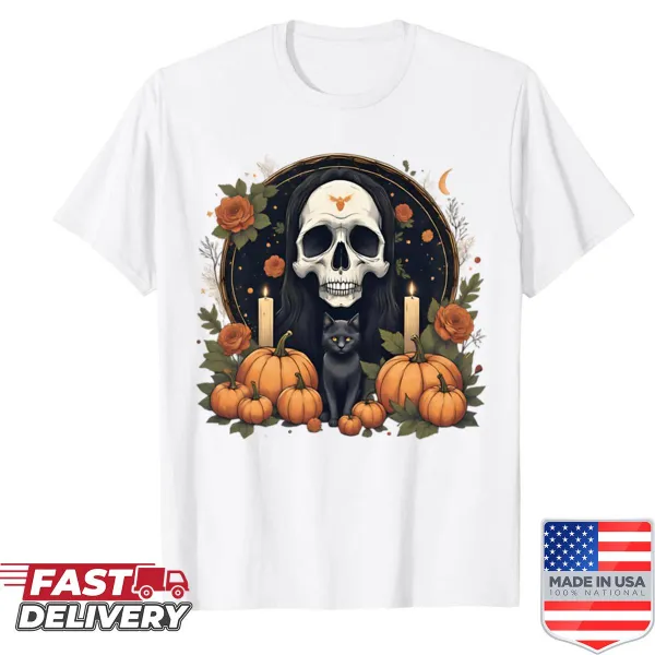 Halloween-themed shirt with a mystical skull, candles, and pumpkins