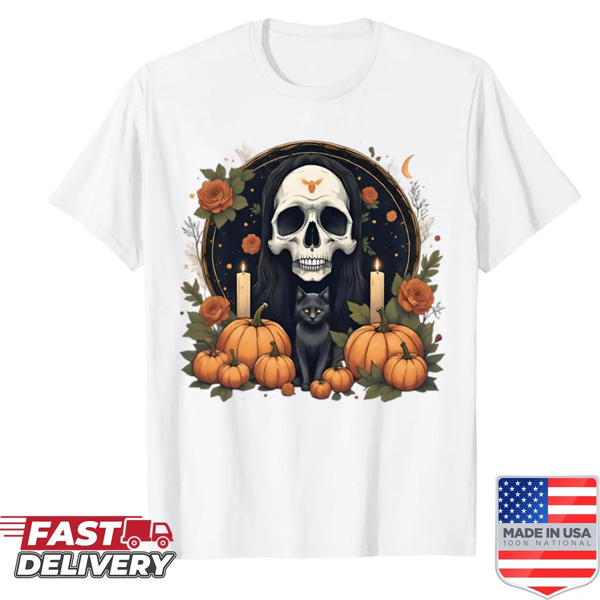 Halloween-themed shirt with a mystical skull, candles, and pumpkins