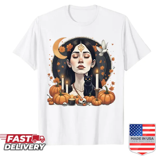 Serene autumn scene with woman, black cat, and candlelight on shirt