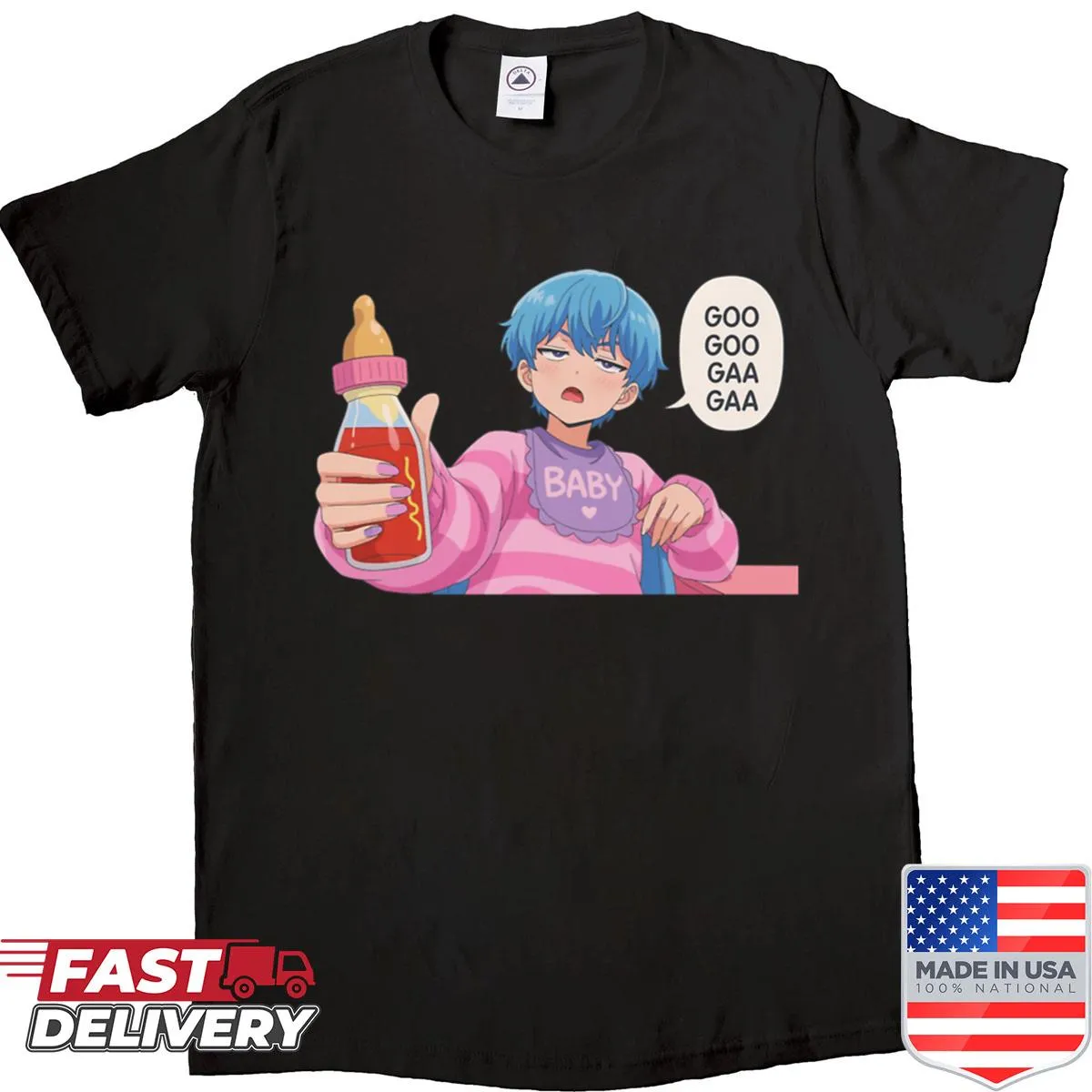 Funny Baby Saja drinking hot sauce graphic on oversized shirt.