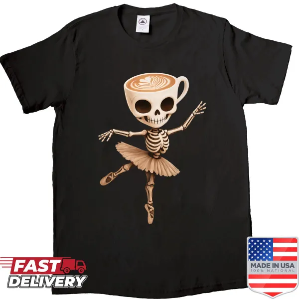 Whimsical illustration of a ballerina skeleton on Halloween shirt