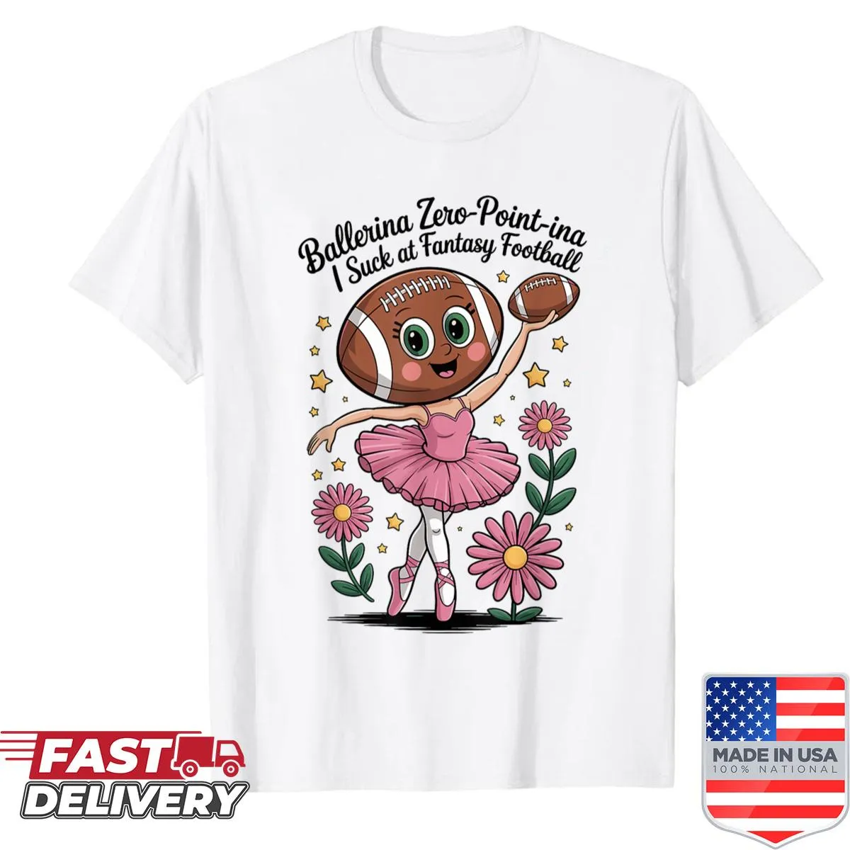 Whimsical ballerina graphic with football theme on a fun T-shirt