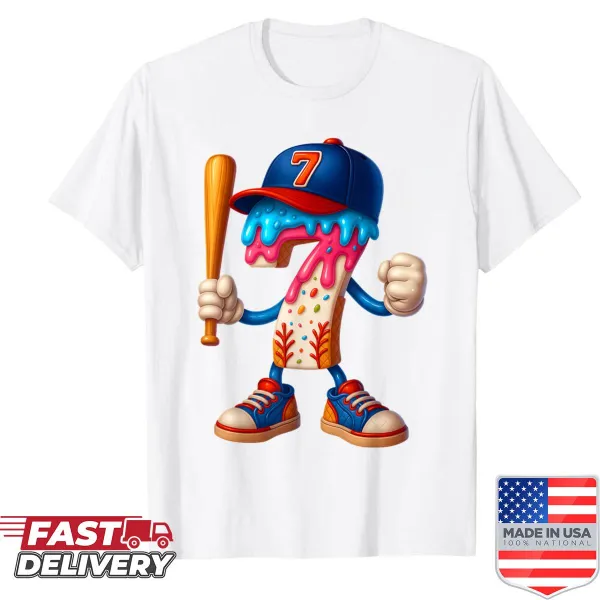 Birthday shirt for a 7-year-old with baseball and ice cream drip design