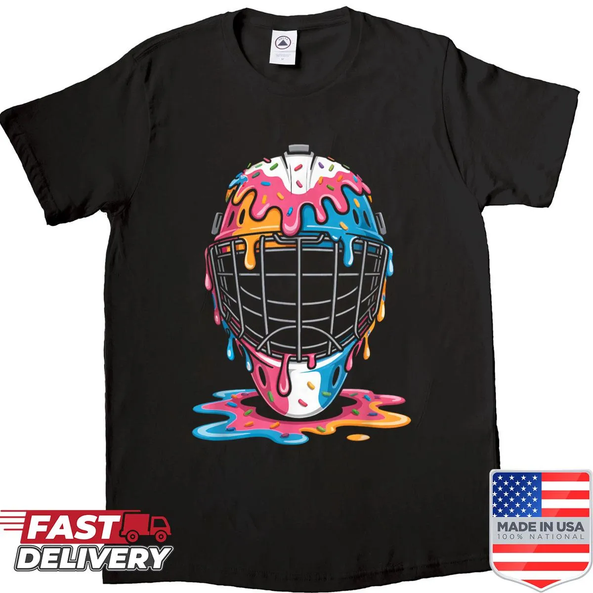 Illustrated baseball catcher mask with ice cream dripping design