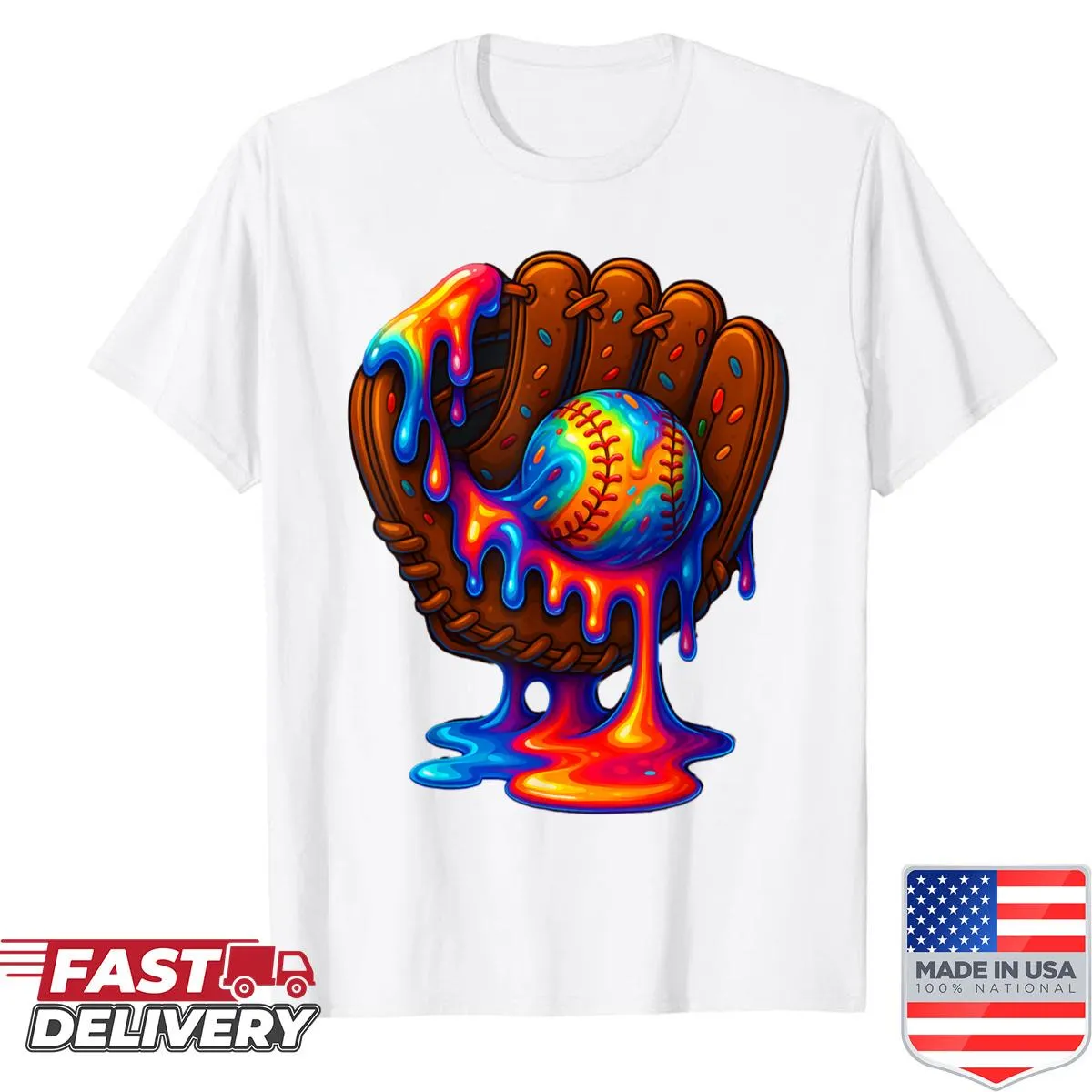 Cartoon baseball glove shirt with ice cream drip design