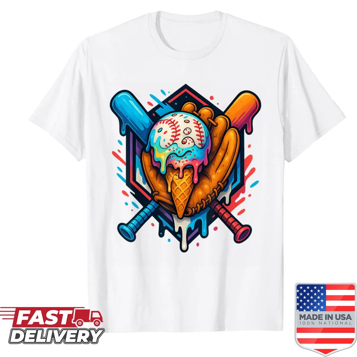 Youth baseball shirt featuring an ice cream cone and baseball graphic