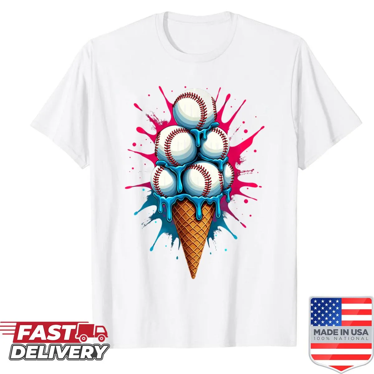 Cartoon shirt featuring baseball and ice cream graphic