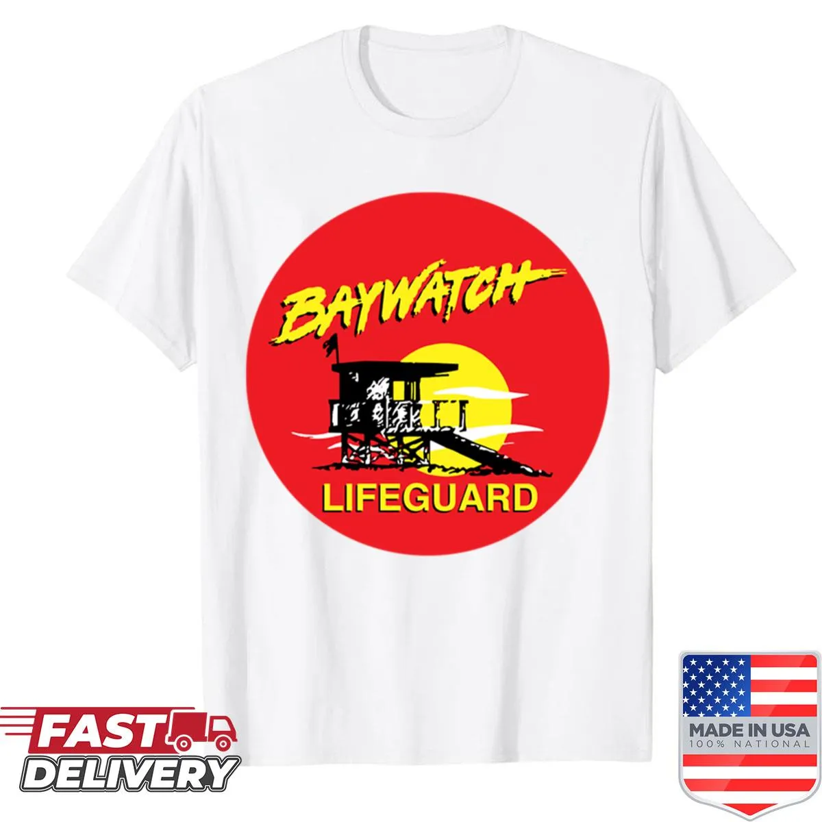 Baywatch lifeguard t-shirt featuring a classic lifeguard logo