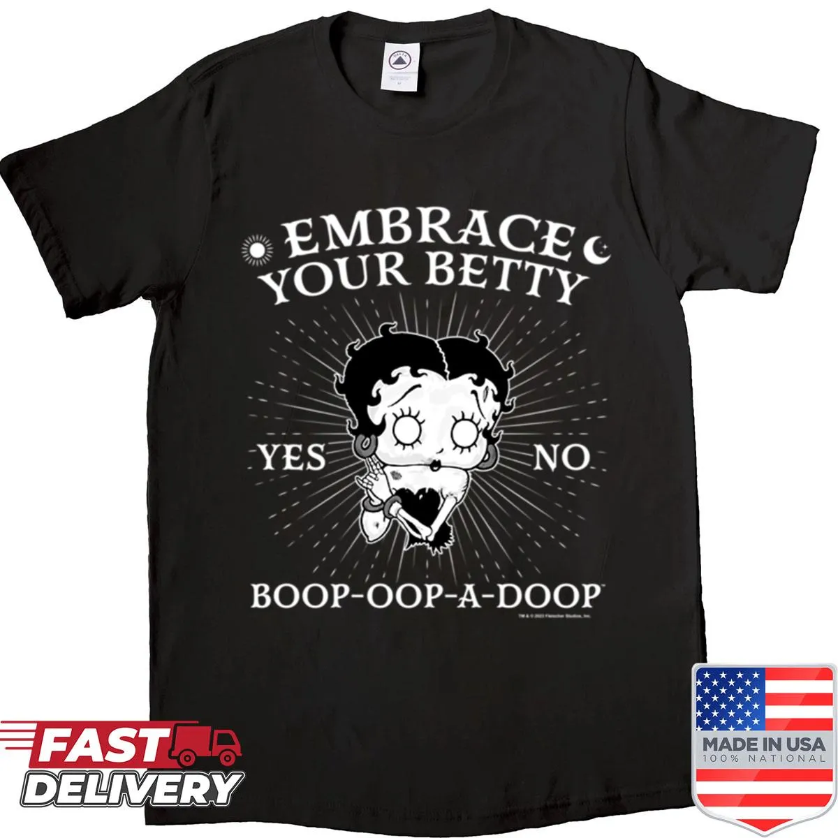 Betty Boop with Ouija board design in a spooky Halloween shirt.
