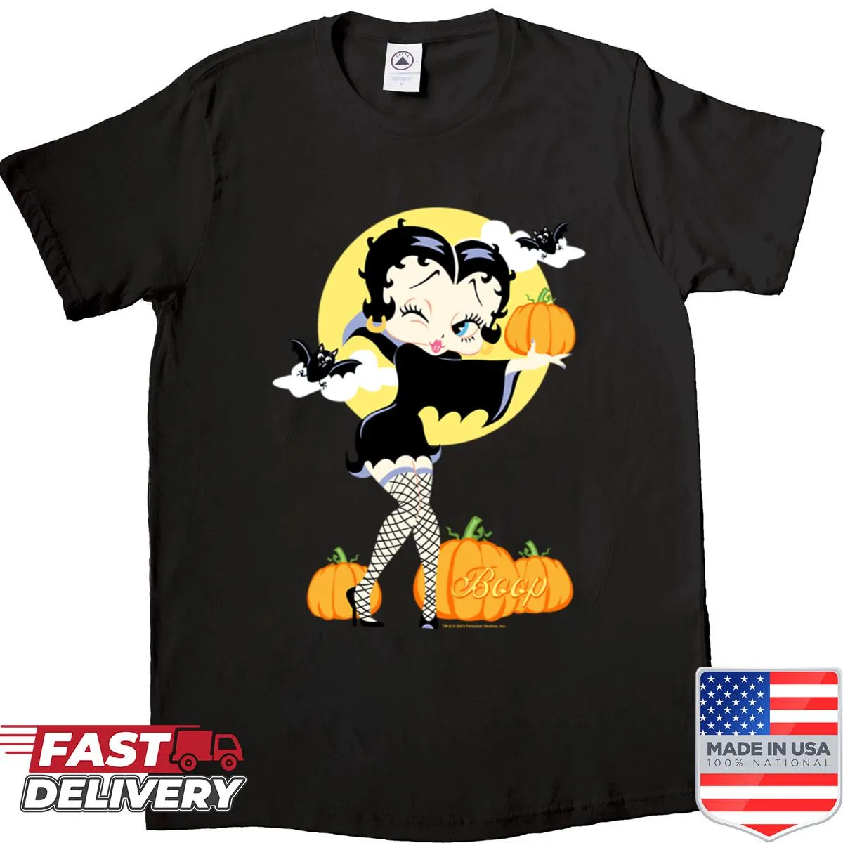 Betty Boop Halloween shirt with sexy vampire design and pumpkin illustration