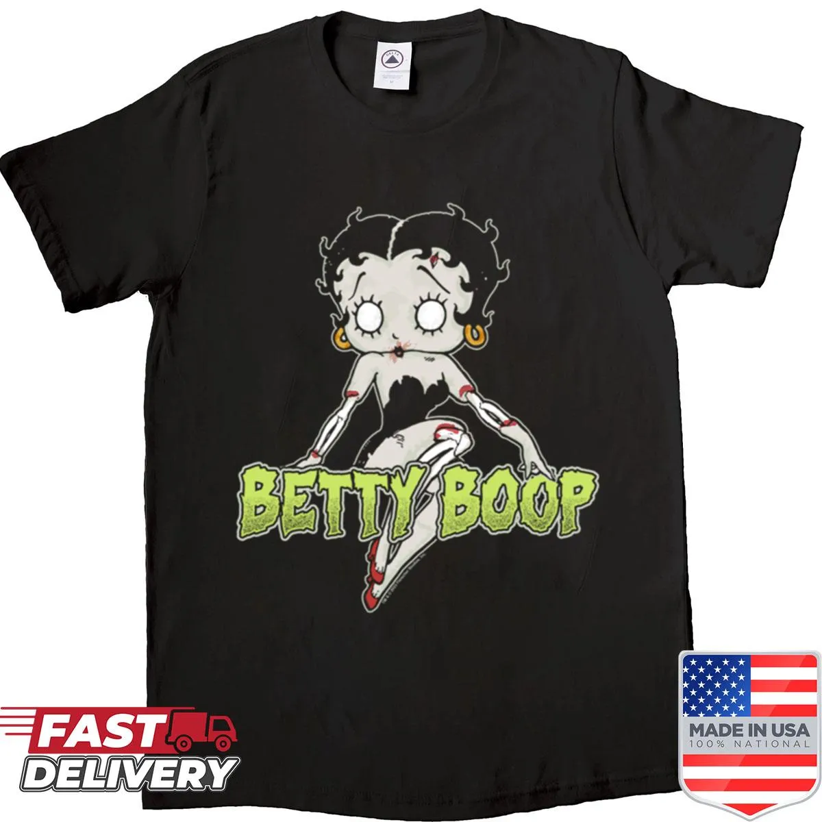 Vintage-style T-shirt featuring a spooky Betty Boop zombie graphic