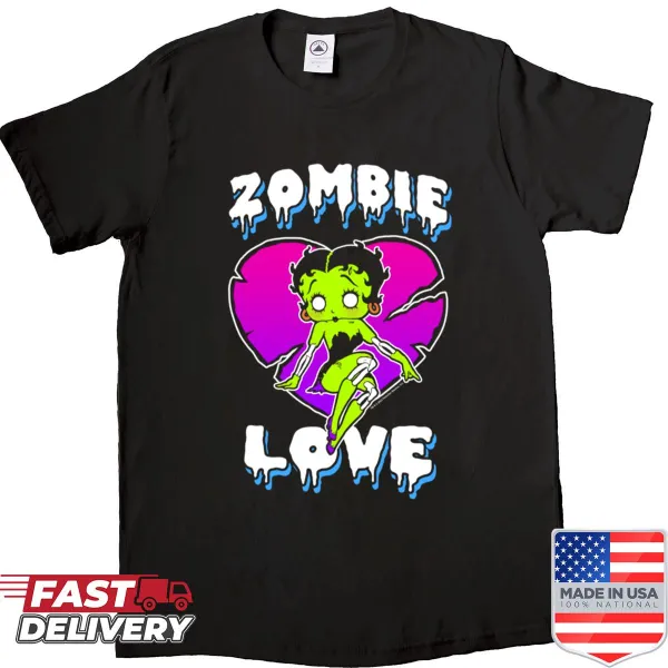Betty Boop Halloween shirt with zombie love and heart logo design.