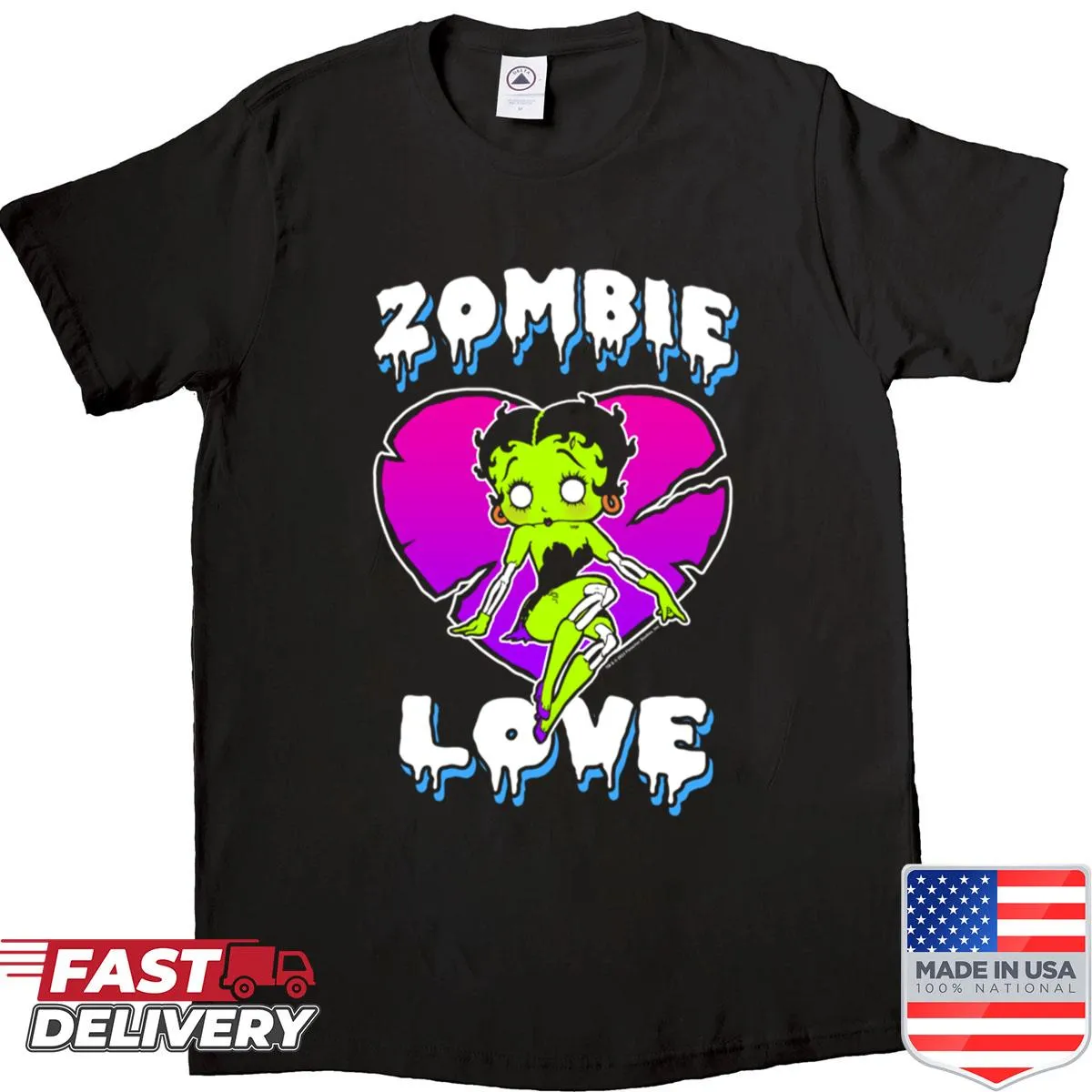 Betty Boop Halloween shirt with zombie love and heart logo design.