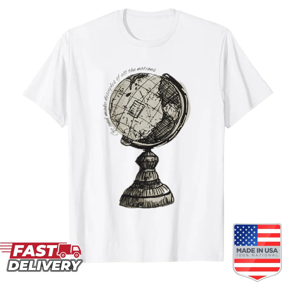 Travel-themed t-shirt with a globe and Bible verse design