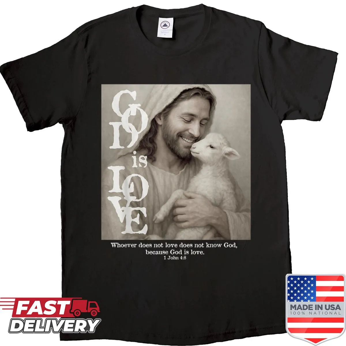 Scripture design featuring 'God Is Love' with Jesus and lamb