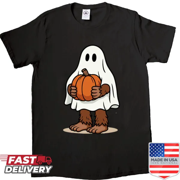 Whimsical Bigfoot ghost and pumpkin Halloween shirt design