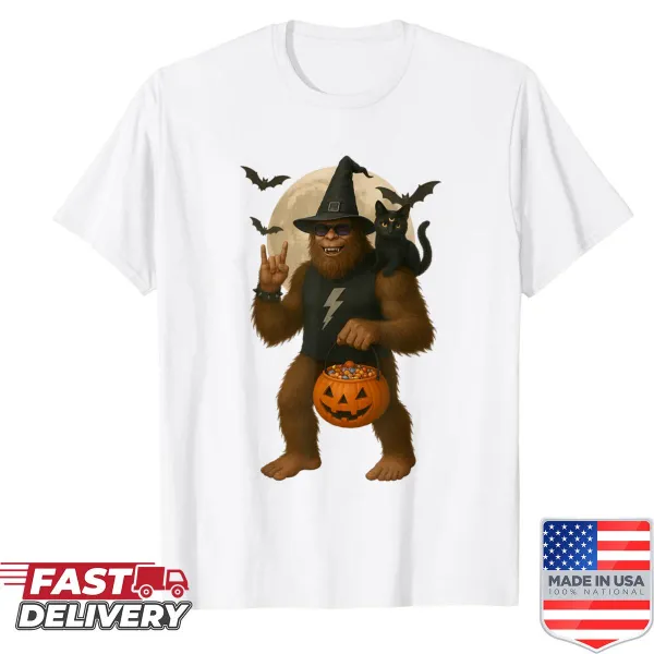 Quirky design featuring Bigfoot with pumpkin and black cat