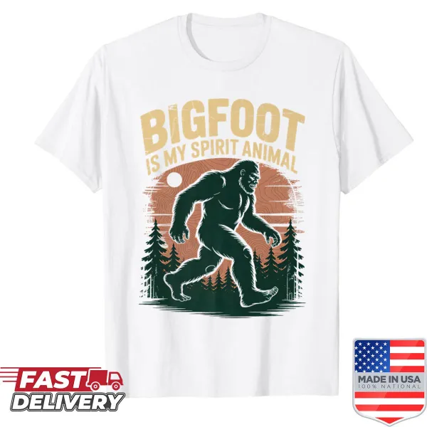 Playful Bigfoot graphic with humorous text on a hiking shirt