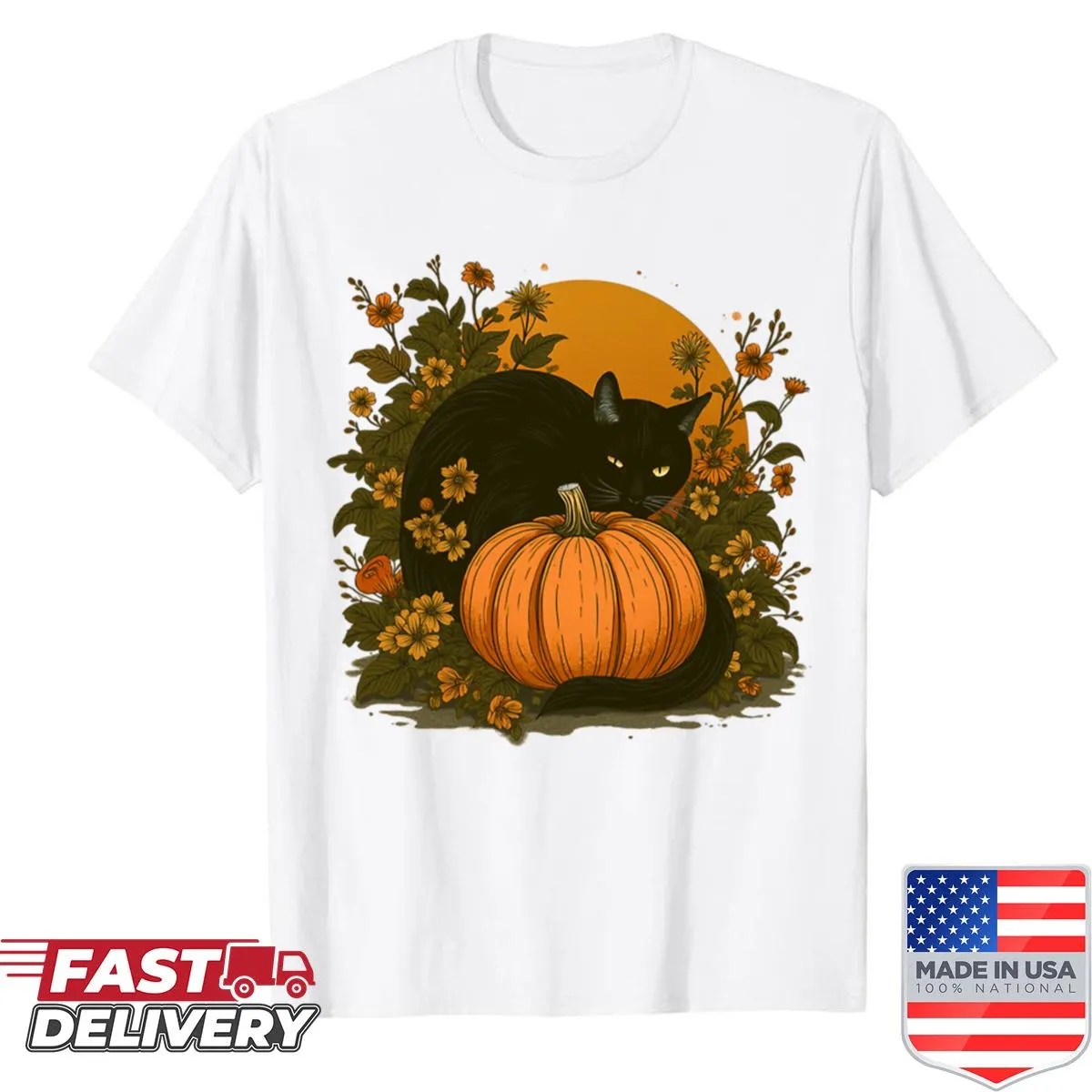 Cute Halloween design with a black cat and pumpkin in grass.