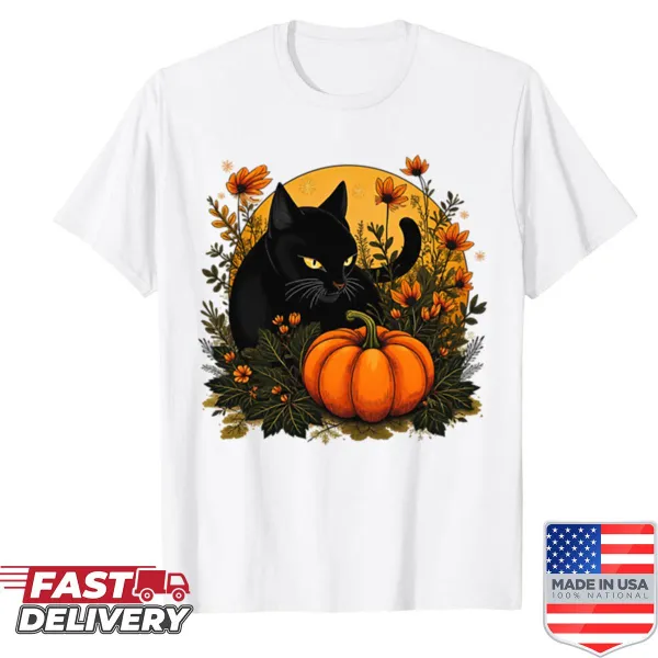 Halloween shirt with a black cat and a pumpkin design.