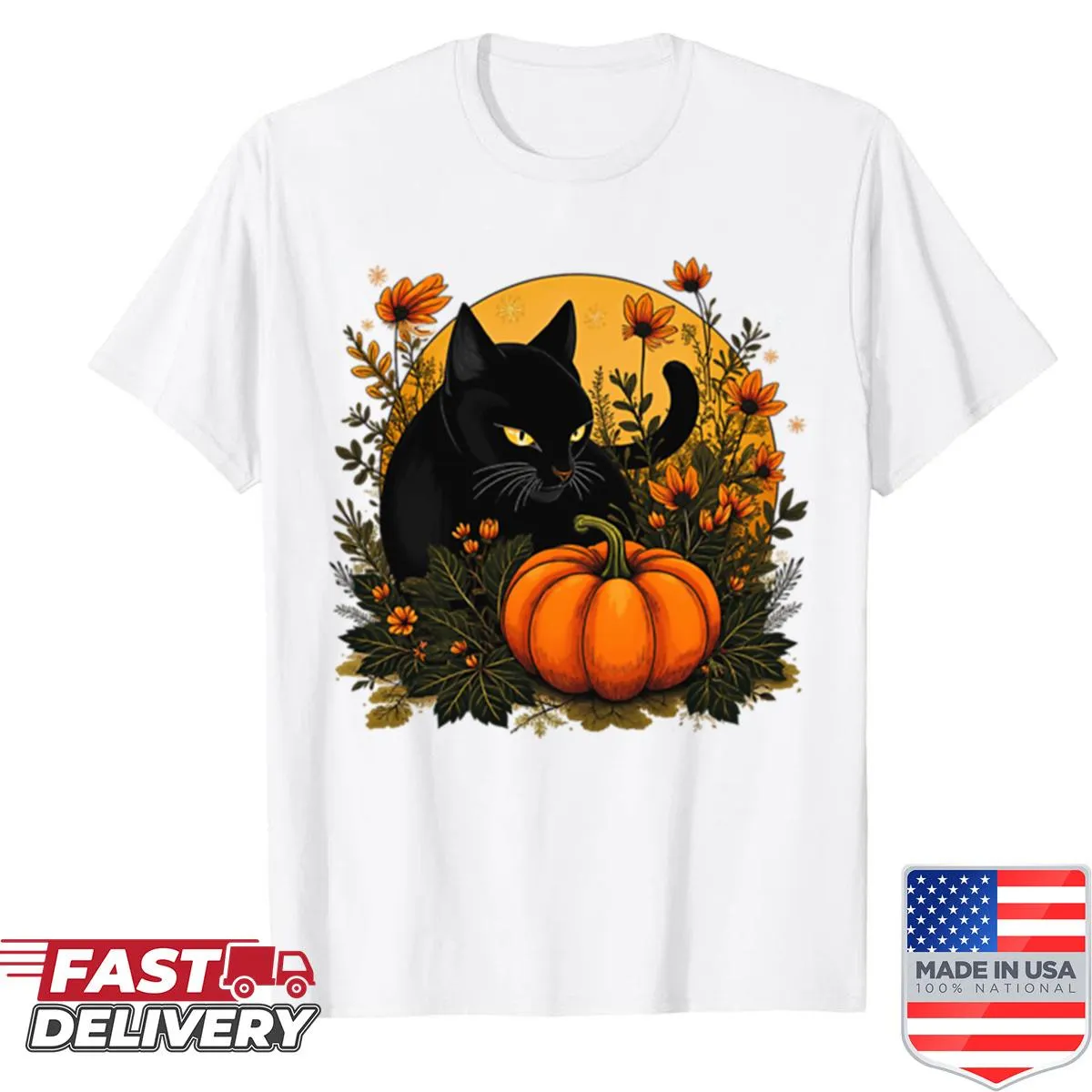 Halloween shirt with a black cat and a pumpkin design.